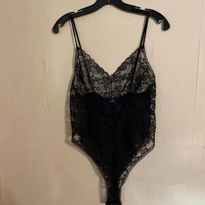 Vintage 80s SEARS Sheer Black  Nylon Lace Hi-Cut TEDDY Bodysuit M